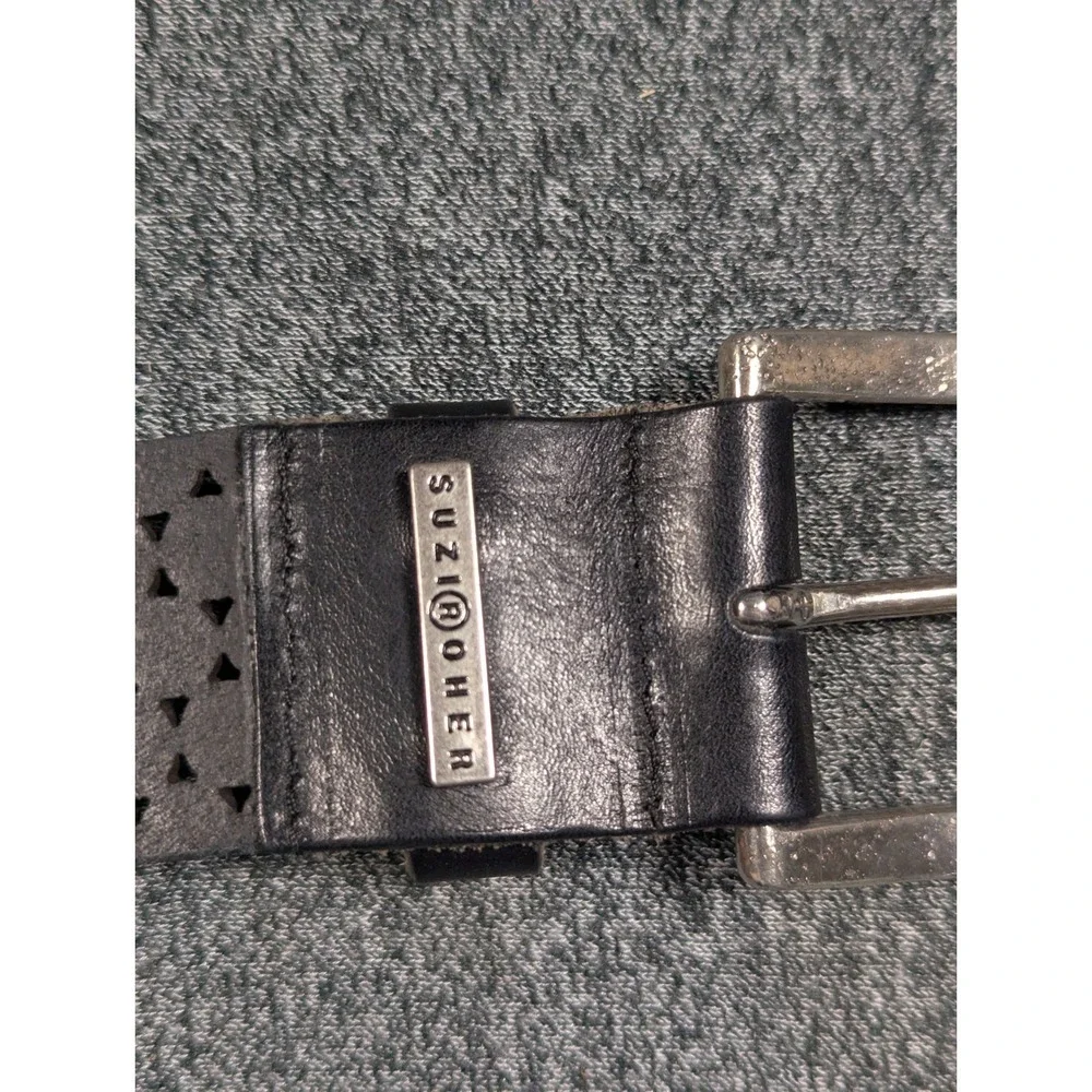 Suzi Roher Dk brown Leather Laser Cut Geometric Floral Belt Silver Buckle 36in